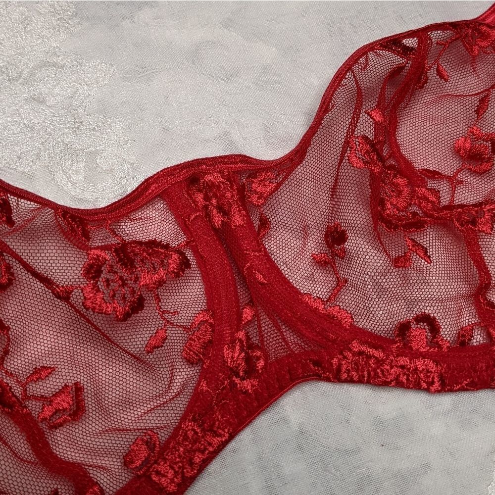 Victoria's Secret Red Lace Bra Mesh Sheer Floral Embroidered 34D Y2K Vintage - Picture 4 of 7